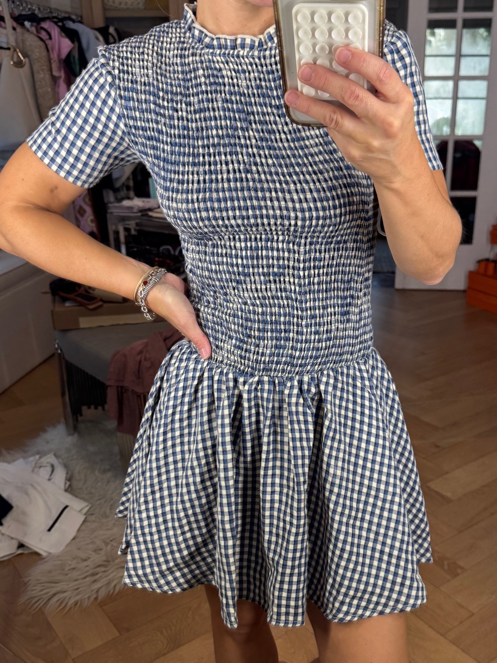 Showpo Blue and White Gingham Smocked Short Sleeve Mini Dress
